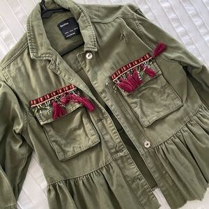 Bershka Olive Green Embroidered Jacket